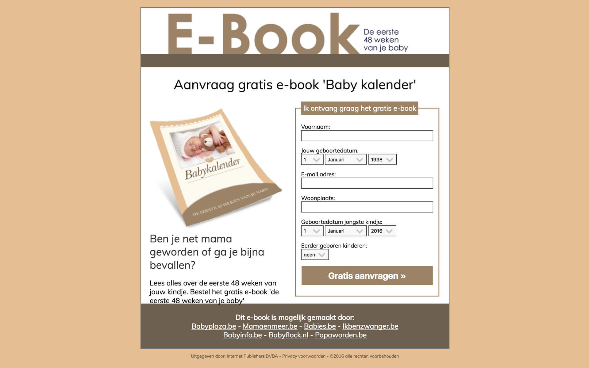 Voorbeeld van het website design voor de downloadpagina E-book: Baby kalender