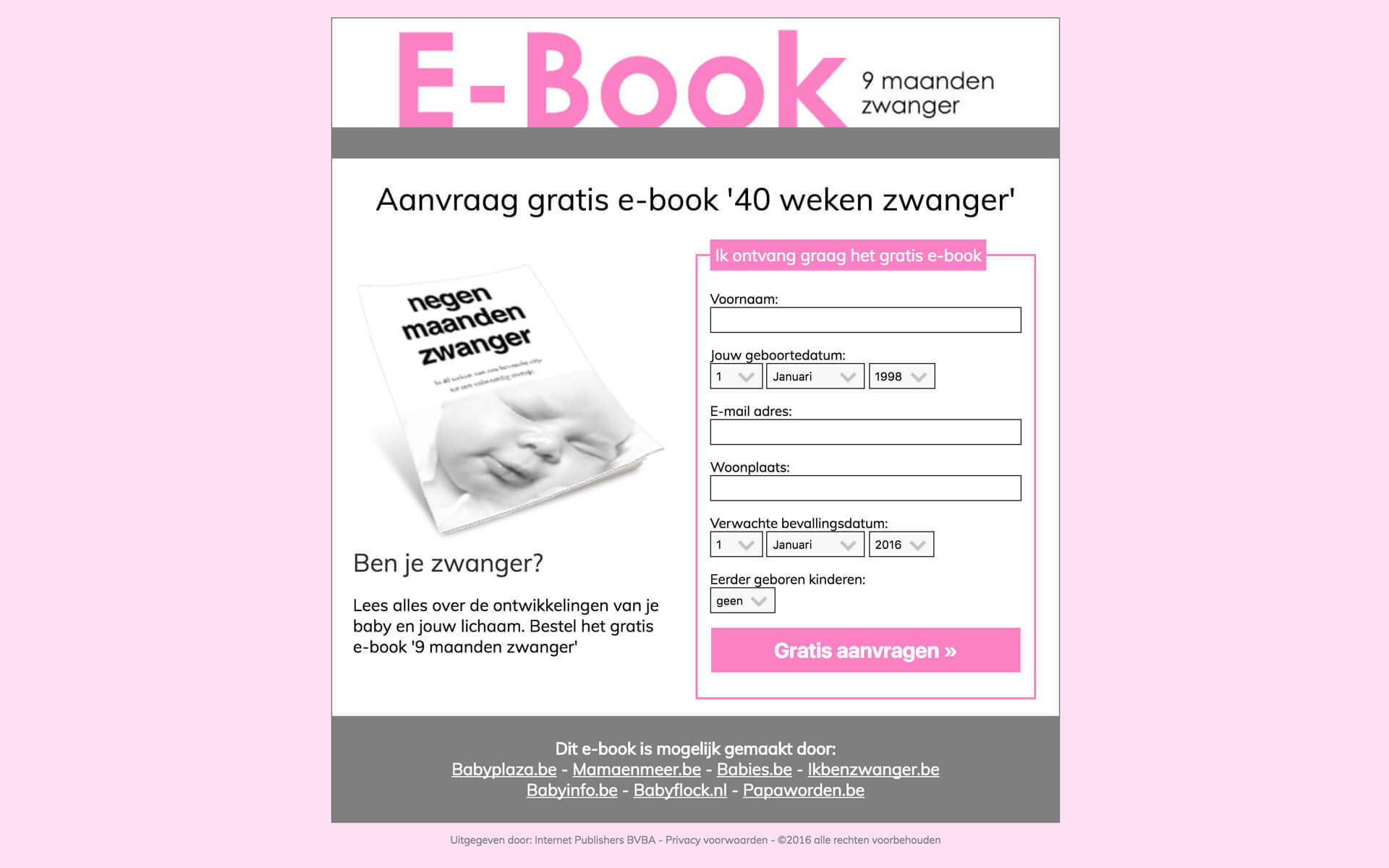 Voorbeeld van het website design voor de downloadpagina E-book: 40 weken zwanger